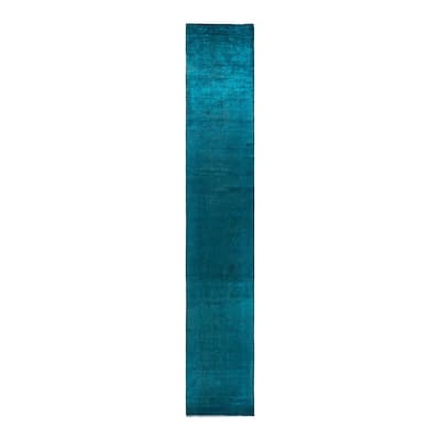 Overton Hand Knotted Wool Vintage Inspired Modern Contemporary Overdyed Blue Runner Rug - 3' 2" x 19' 10"