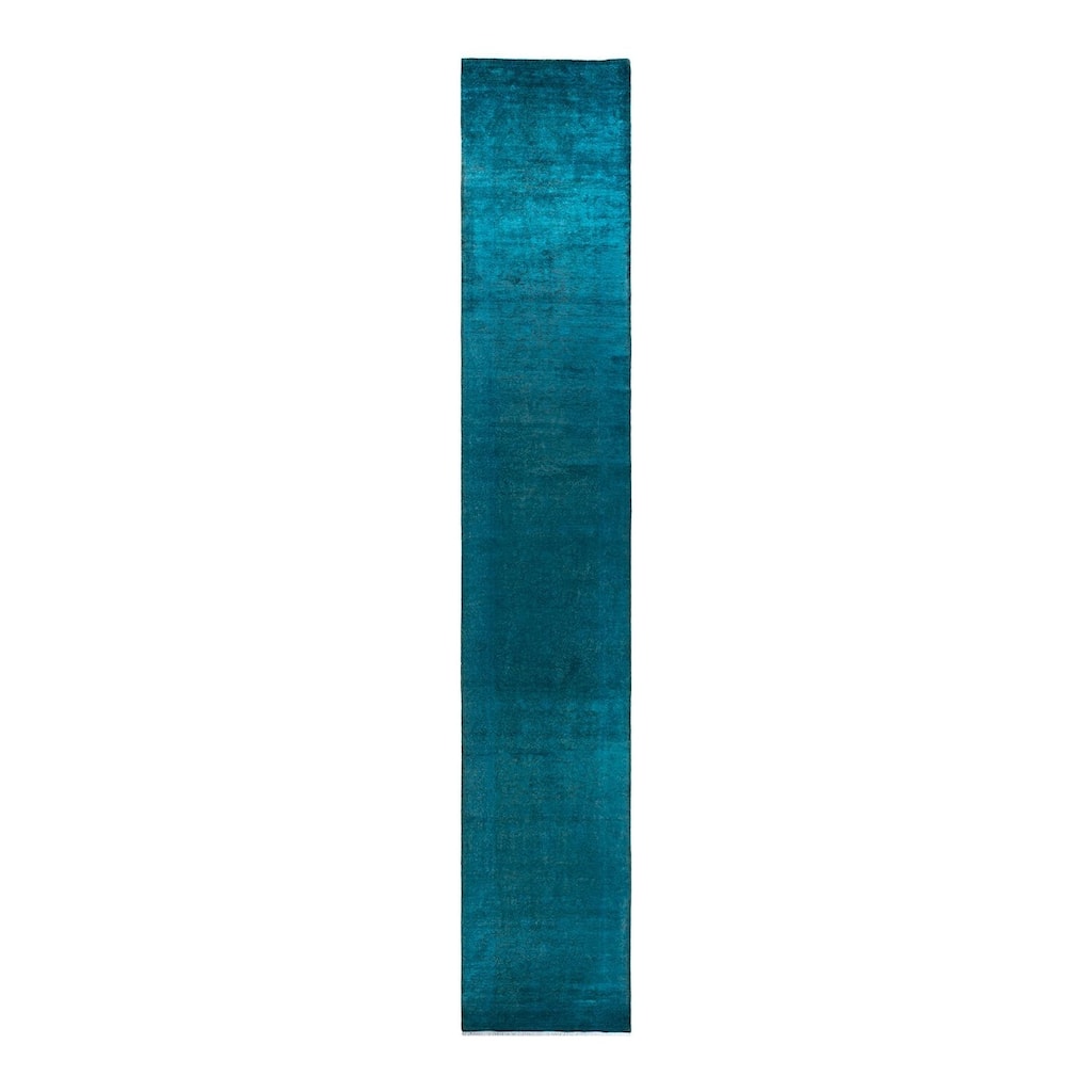 Overton Hand Knotted Wool Vintage Inspired Modern Contemporary Overdyed Blue Runner Rug - 3' 2" x 19' 10"