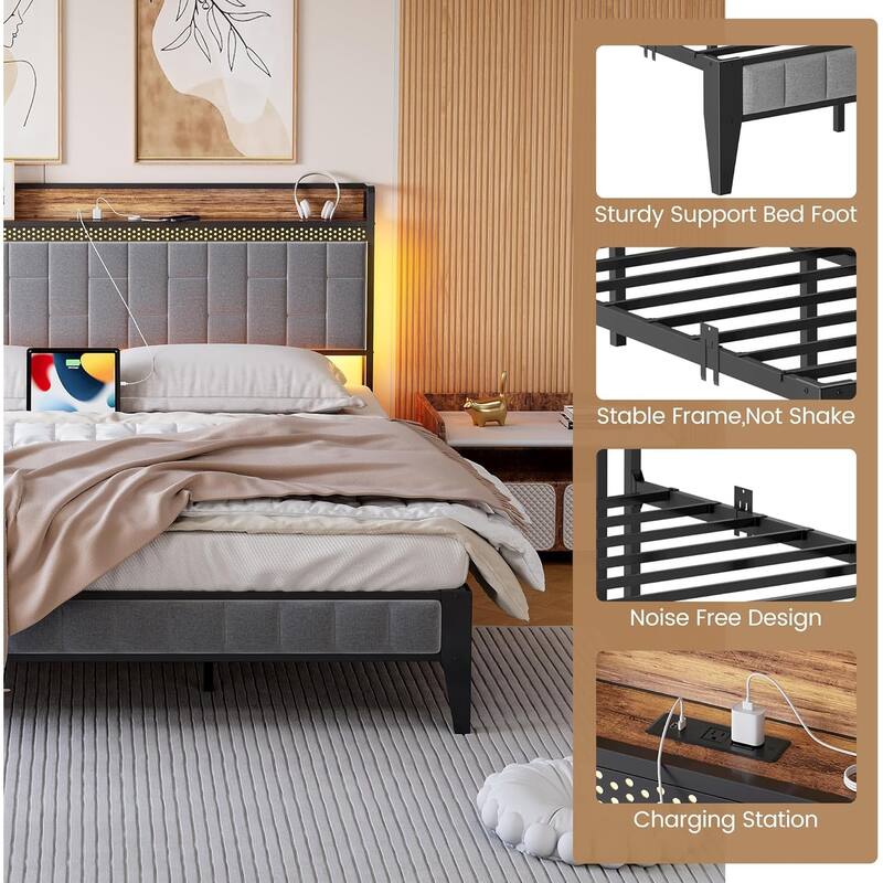 Gray Upholstered Bed Frame with LED Lights, Charging Station & Storage Headboard, No Box Spring Needed