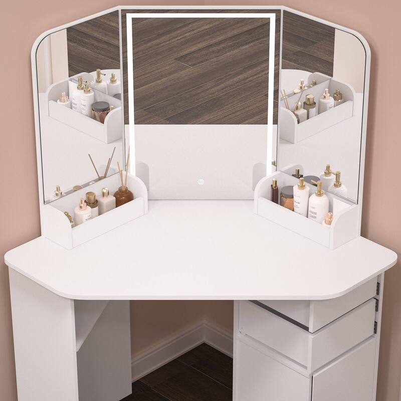KEONJINN Corner Vanity Desk Set with Lighted Mirror & Matching Chair, Bedroom Storage - White - 56INx47IN