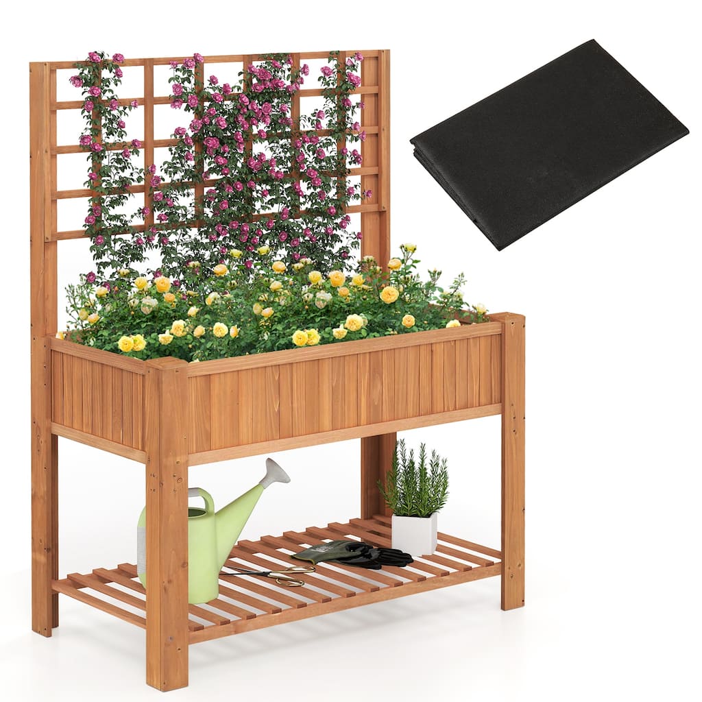 Gymax Raised Garden Bed w/ Trellis Wooden Elevated Planter Box w/ Legs