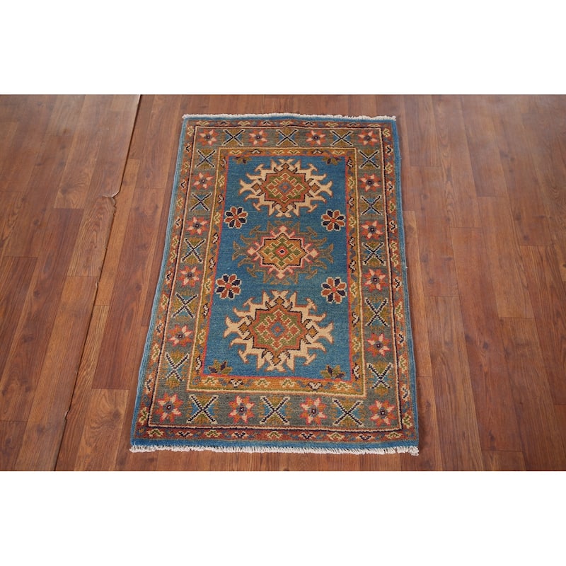 Blue Geometric Kazak Foyer Rug Hand-Knotted Oriental Wool Carpet - 2'0" x 3'1"