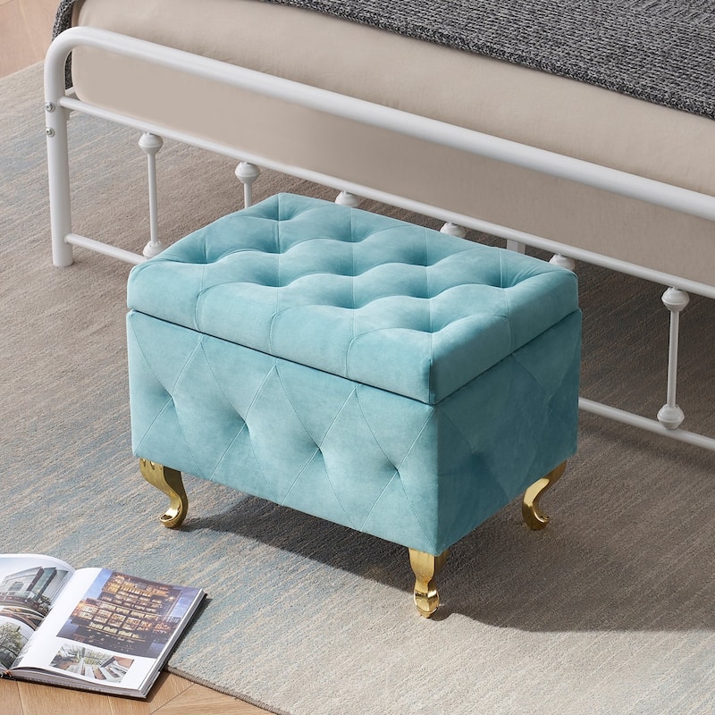 Button-tufted Storage Footrest Bench, light blue
