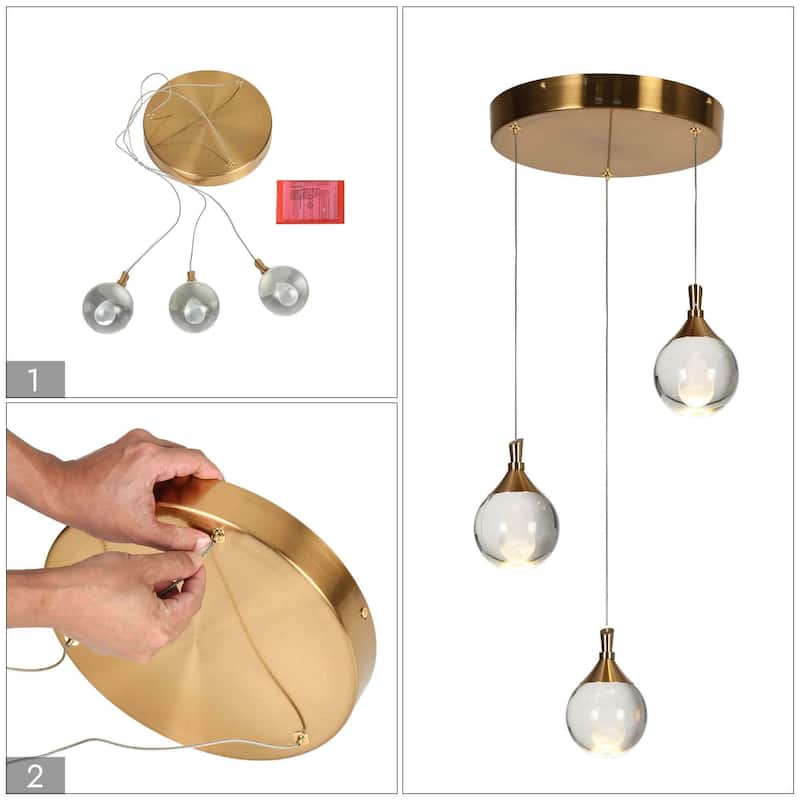 Modern Gold LED 3-Light Chandelier Crystal Cluster Pendant for Kitchen Island - Dia. 13.8" x H 6"