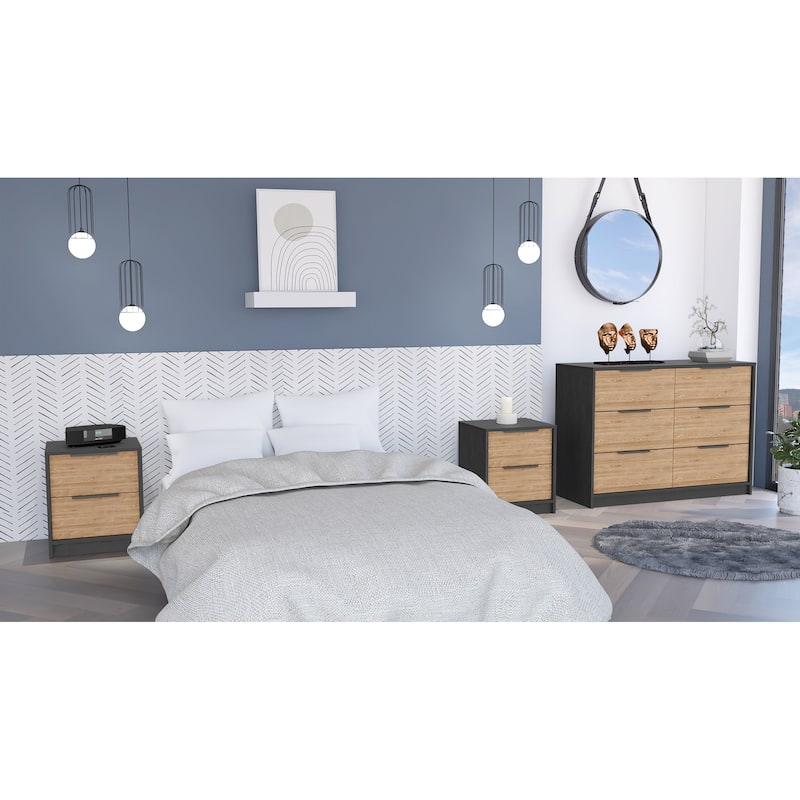 FM Furniture Kilgore 3 Bedroom Set with 2 Nightstands and Dresser, Black/Pine
