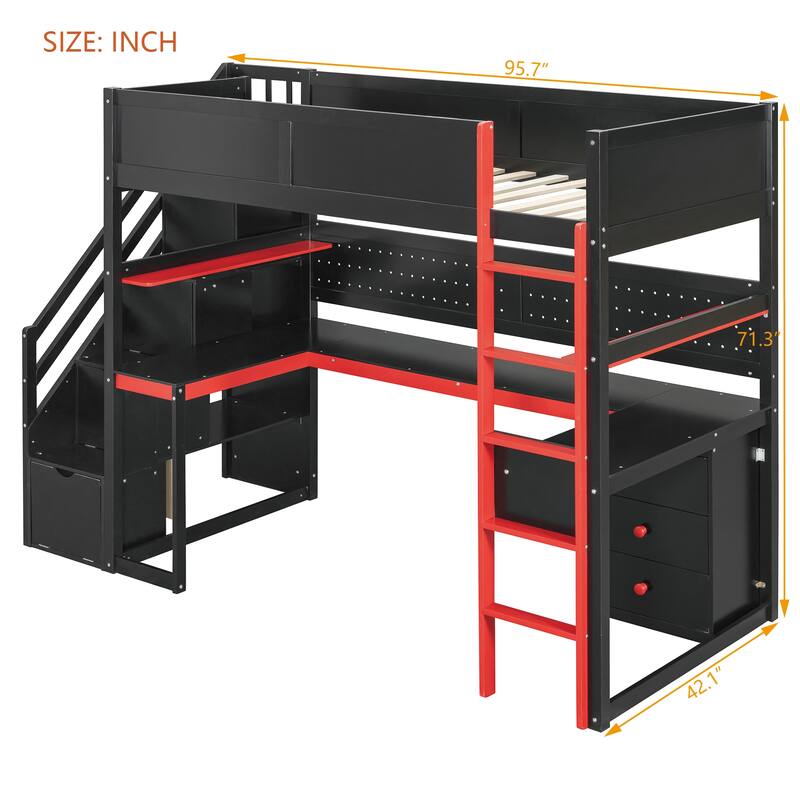 Gaming Loft Bed with Recessed Table Cabinet Pegboard Storage Stairs