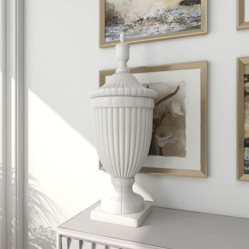 White Ceramic Tall Fluted Urn Living Room Decorative Jars with Grooves and Lid