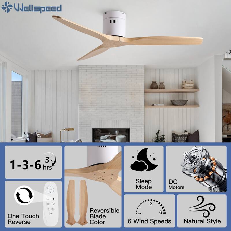 52In. Farmhouse Indoor Flush Mount Low Profile Ceiling Fan with Solid Wood Blades and Remote Control