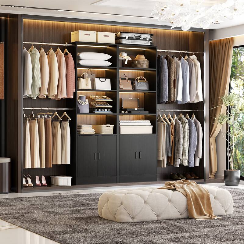 Rackcog 25'' - 104'' W Closet Organizer with Expandable Hanging Rods, Cabinet, Adjustable Shelves