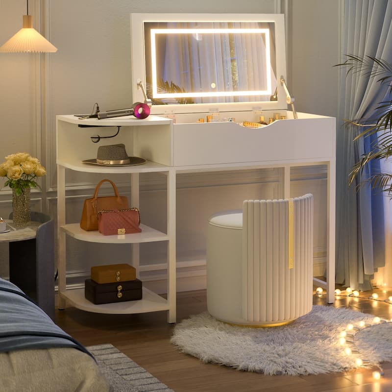 Flip Top Vanity Desk with LED Mirror and Charging Station, Modern Makeup Table with Hiden Storage