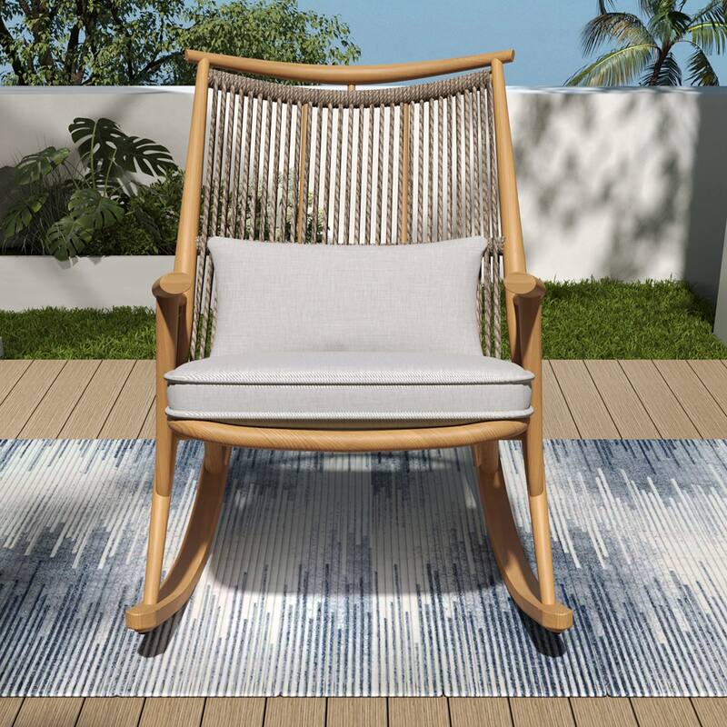 Roomfitters Outdoor Rocking Chair with Maple Finish Iron Frame and Gray Woven Backrest - Maple