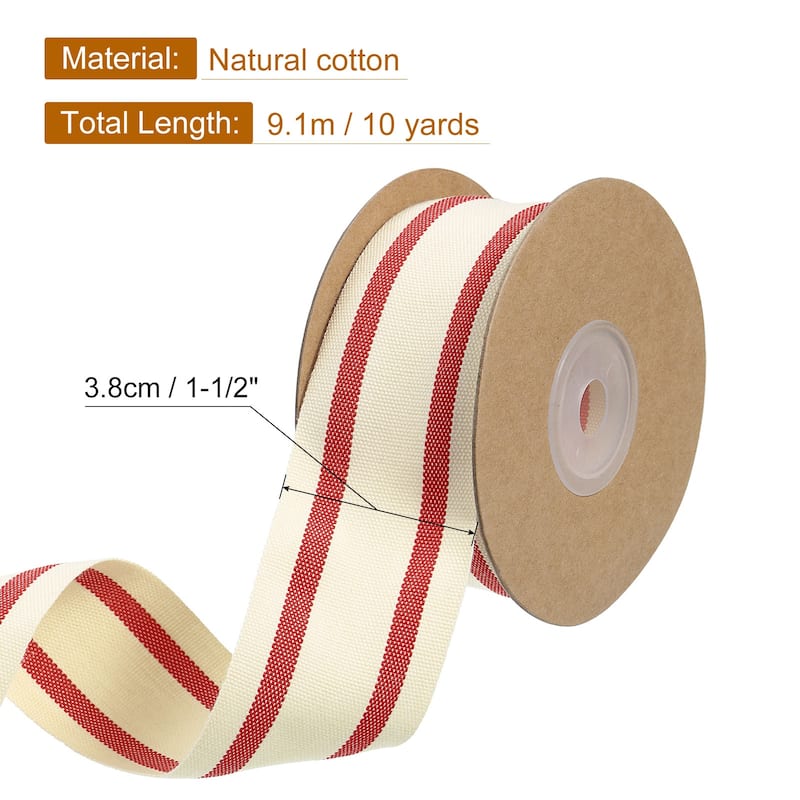 Natural Cotton Stripes Ribbon - Natural with Red - 1-1/2"
