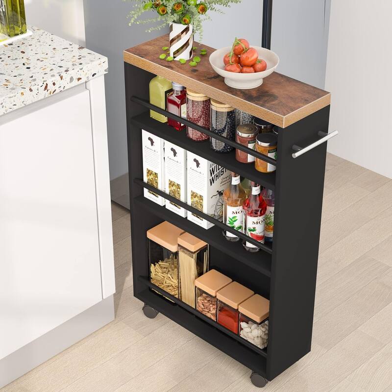 20" 4-Tier Narrow Rolling Kitchen Utility Cart Brown & Black Finish