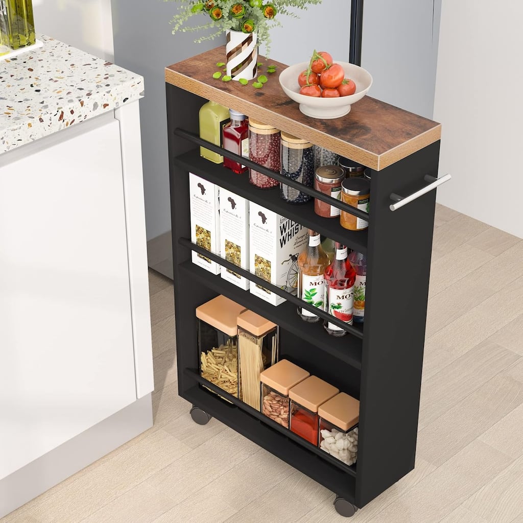 20" 4-Tier Narrow Rolling Kitchen Utility Cart Brown & Black Finish