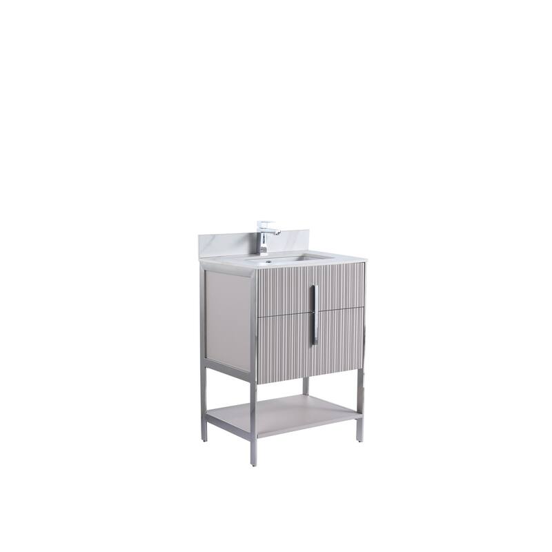 Fine Fixtures Serenity Modern Bathroom Vanity with White Carrara Stone Top - Bright Taupe - Chrome Hardware - 24 inch