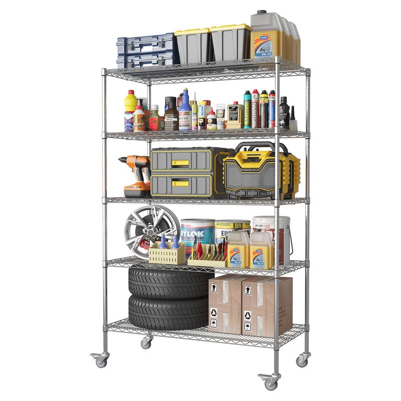 47''W x 24''D x 72''H 5 Tier Heavy Duty Adjustable Kitchen Shelving Unit, Wire Storage Shelves with Wheels