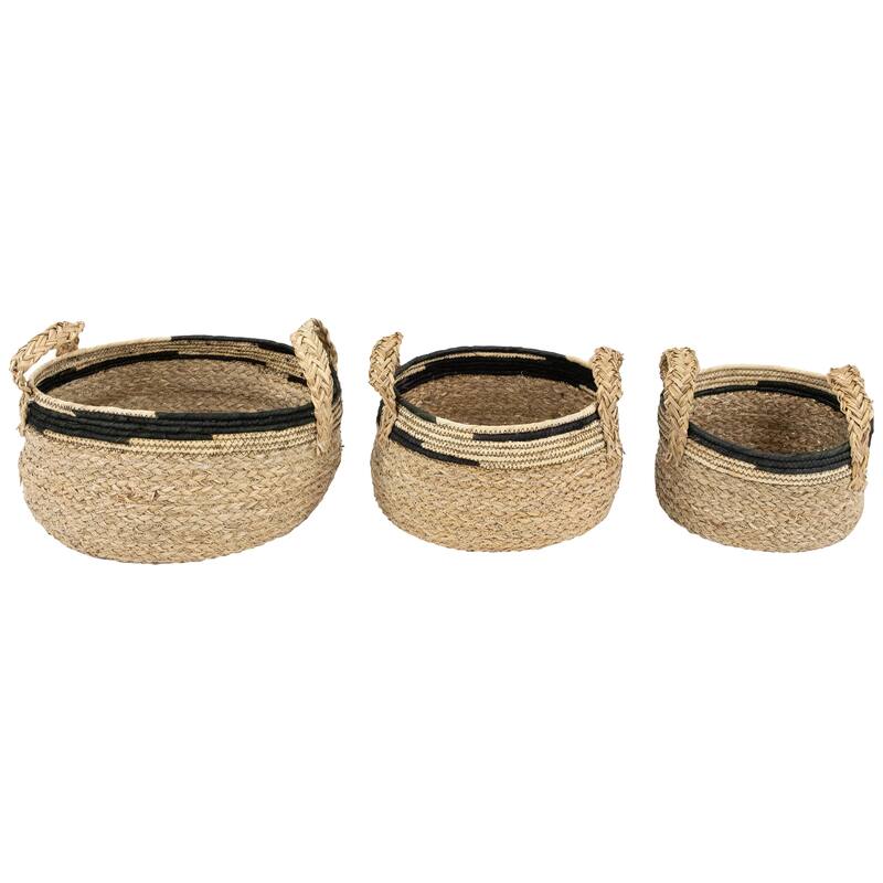Set of 3 Khaki and Black Braid Weave Seagrass Storage Baskets with Handles 13.75" - 11