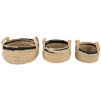 Set of 3 Khaki and Black Braid Weave Seagrass Storage Baskets with Handles 13.75" - 11