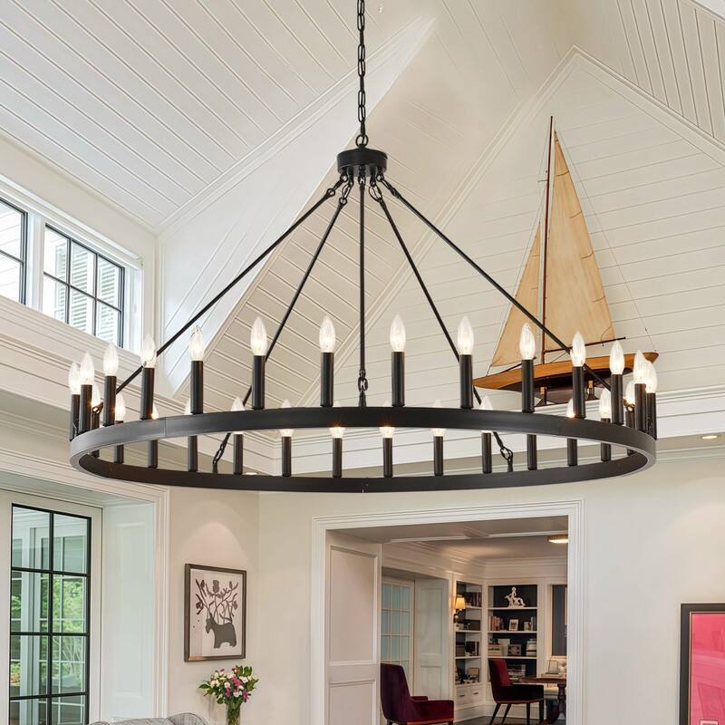 Farmhouse Modern Wagon Wheel Chandeliers Large Black High Ceiling Chandelier