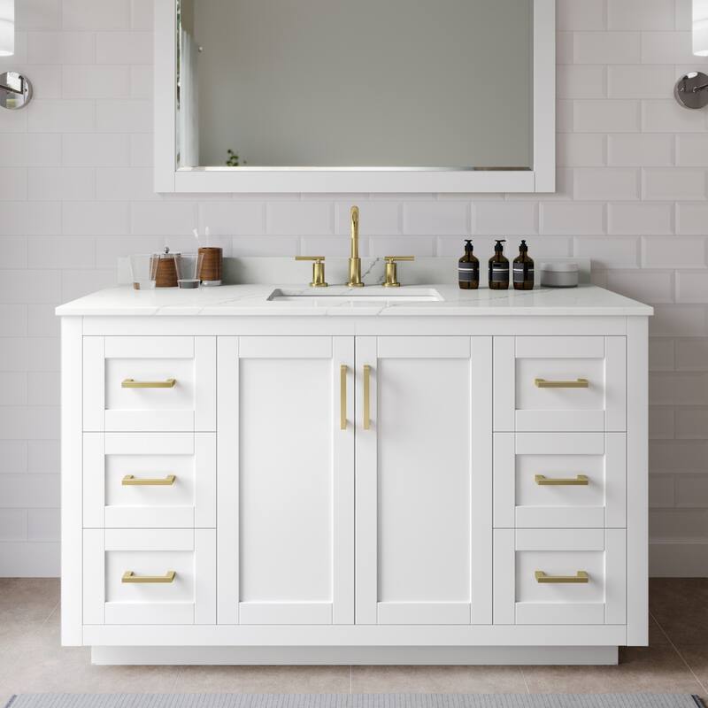 Wyndham Collection WCF292954S-QTZ-US3M46 Miranda 54" Free Standing - White / Giotto Quartz Top / Brushed Gold Hardware