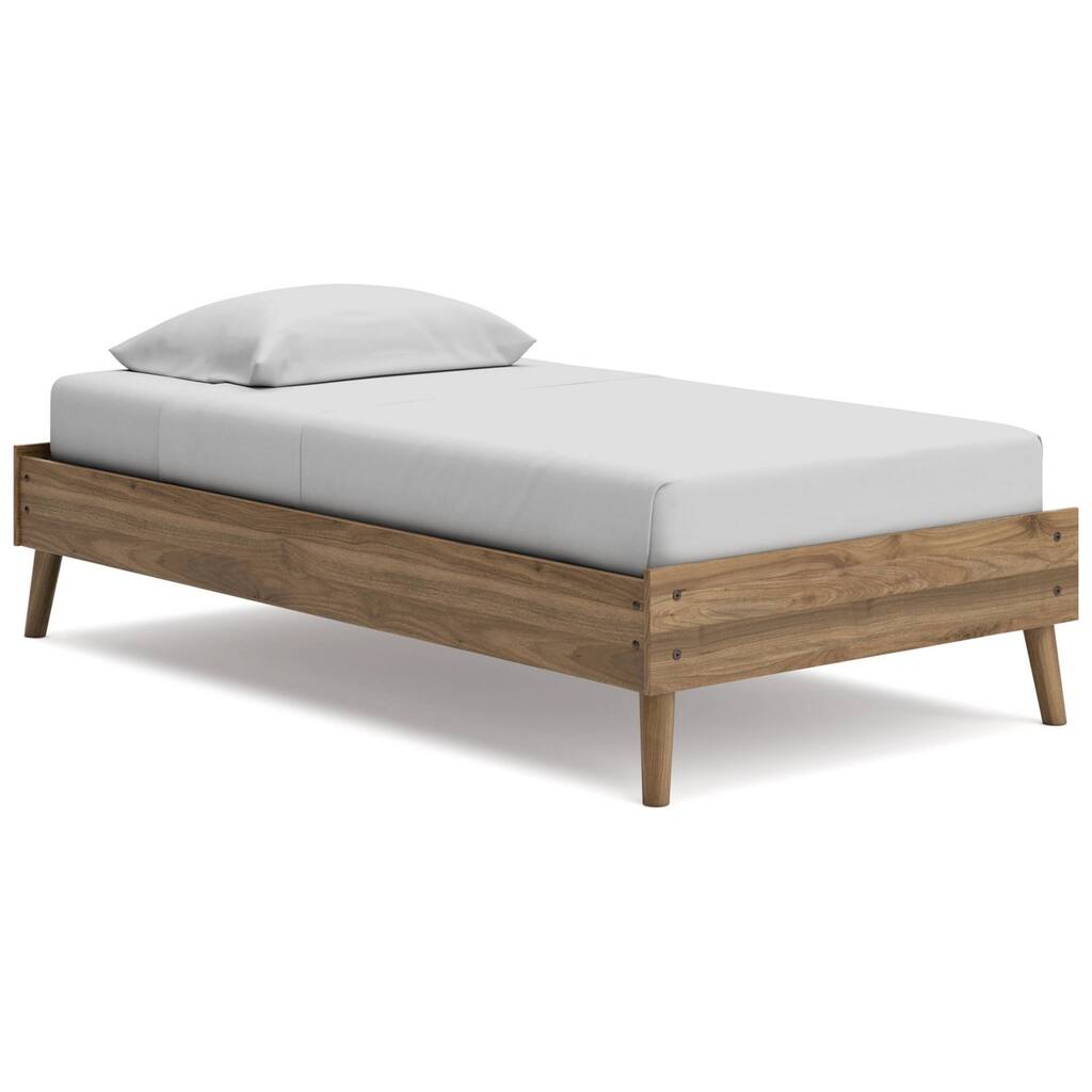 Ako Twin Size Platform Bed, Low Profile, Footboard, Honey Brown Finish