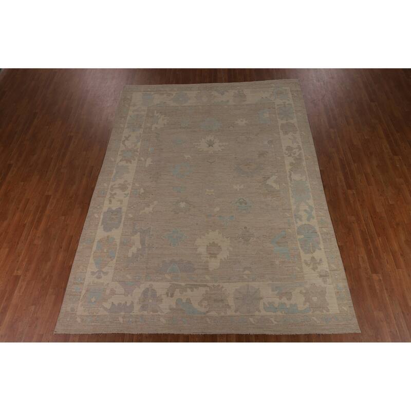 Transitional Beige Oushak Turkish Area Rug Hand-Knotted Wool Carpet - 8'11"x 11'10"