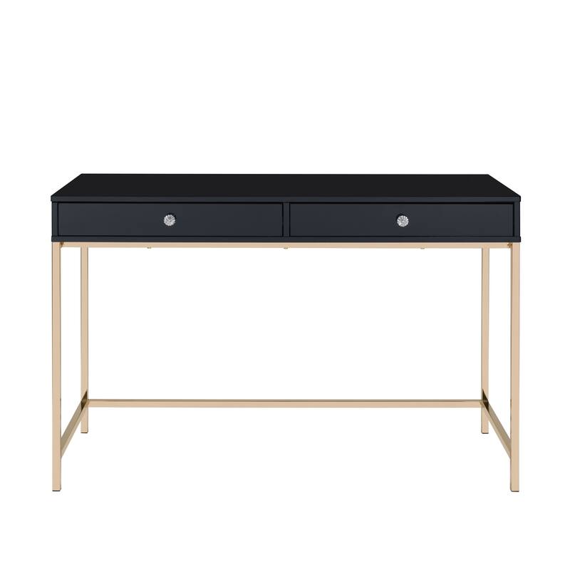 Black Wood Writing Desk with Gold Metal Base, Drawers and Shelving