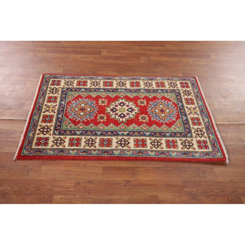 Kazak Foyer Rug Hand-Knotted Red Geometric Wool Carpet - 2'6" x 4'1"
