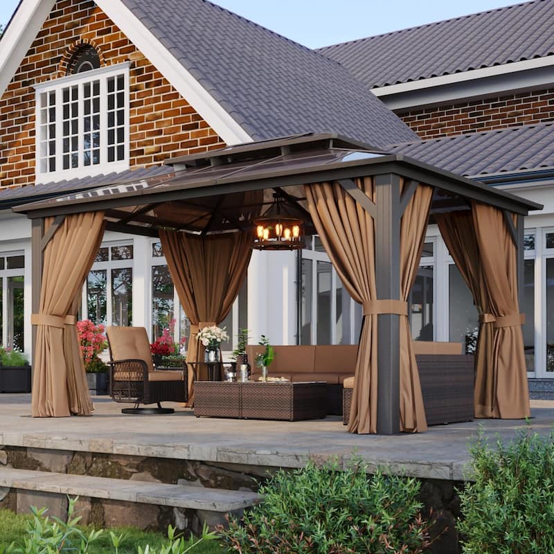 Hardtop Gazebo, Aluminum Frame Permanent Pavilion with Curtains and Netting
