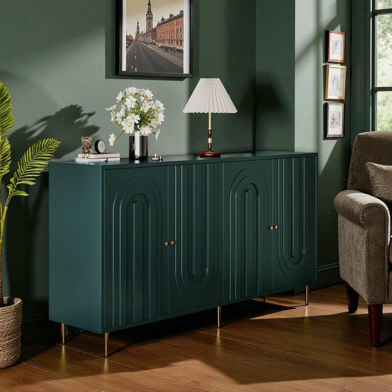 Modern 4-Door Lacquered Sideboard Buffet Cabinet with Gold Legs, Adjustable Shelves for Living Room or Dining Room