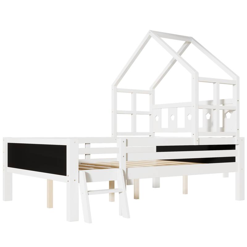 Full Size Kids' Loft-Style Bed with Ladder, Dual Blackboard Panels, and Underbed Storage Drawer, Solid Wood Frame