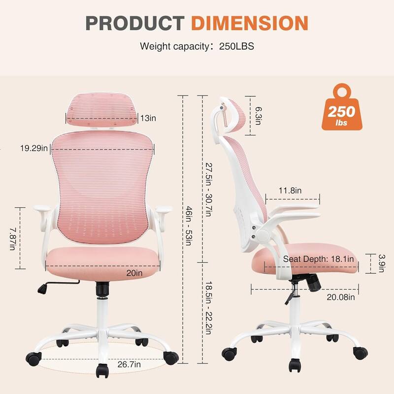 Office Computer Desk Chair, Ergonomic High-Back Mesh Rolling Work Chairs with Wheels &Adjustable Headrests, Comfy Flip-up Arms