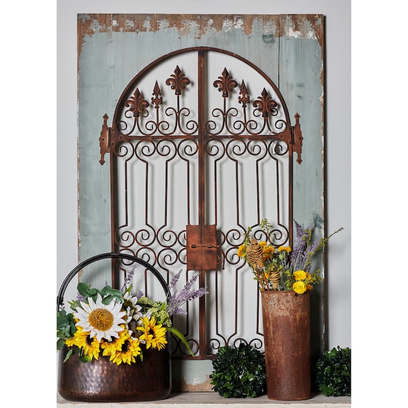 Blue Wood Arched Windowpane Fleur De Lis Home Wall Decor with Rust Metal Scrolled Gate