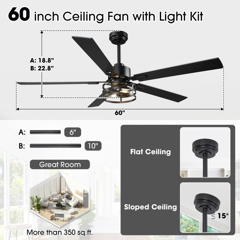 Vaczon 52" Industrial Reversible Wood 5-Blade Black Ceiling Fan with Light and APP Control
