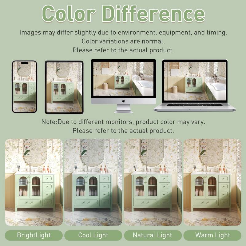 Roomfitters 36 Inch Bathroom Cabinet with Waffle Texture Doors, Vanity with Four Drawers and Glass Panels, Green