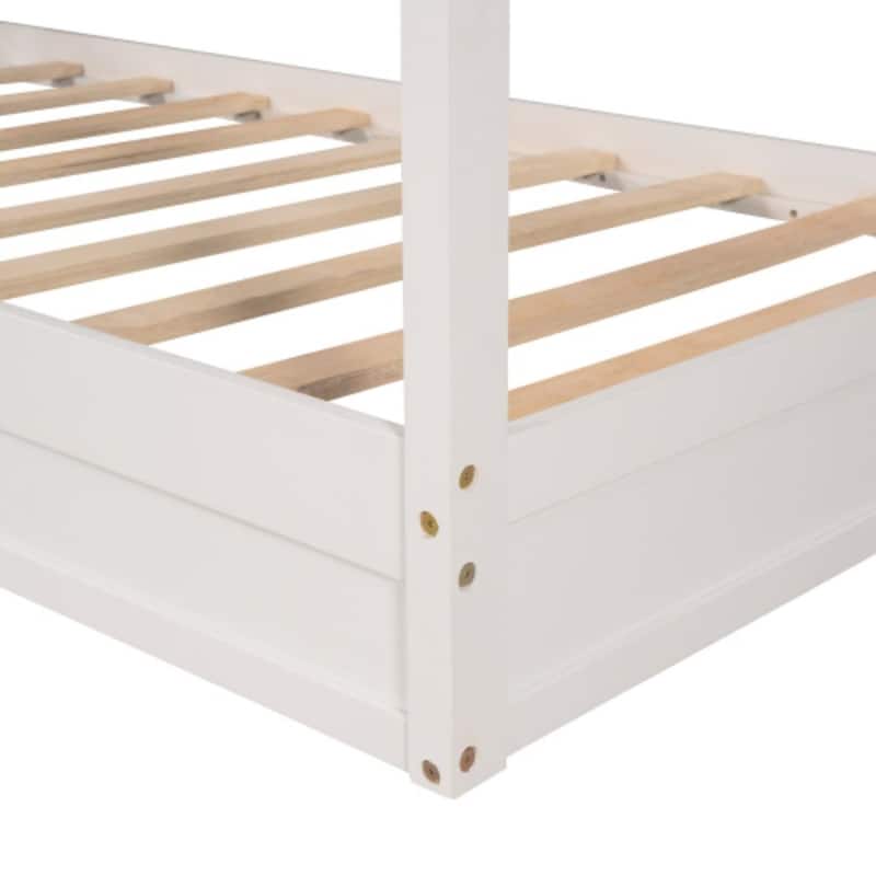 Wood House Bed Twin Size, 2 Twin Solid Bed L structure with Fence and Slatted Frame
