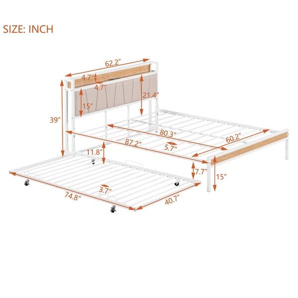 Metal Frame Platform Low Profile Queen Bed wTrundle, Headboard, White