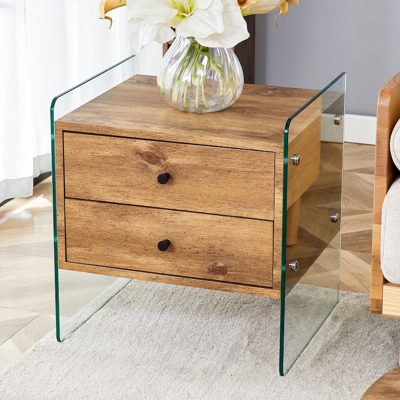 Double-Drawer Bedside Table:The Board Surface Is Mdf With White Grain Sticker,And Both Sides Are Transparent Tempered Glass