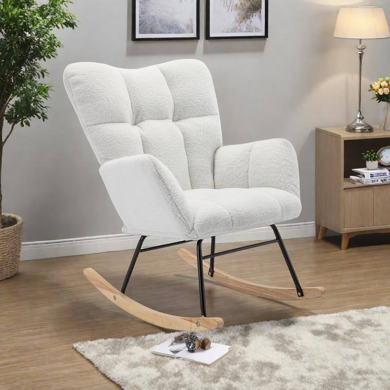 Teddy Fabric Rocking Glider Chair with Wooden Frame and 250lb Weight Capacity - Ivory