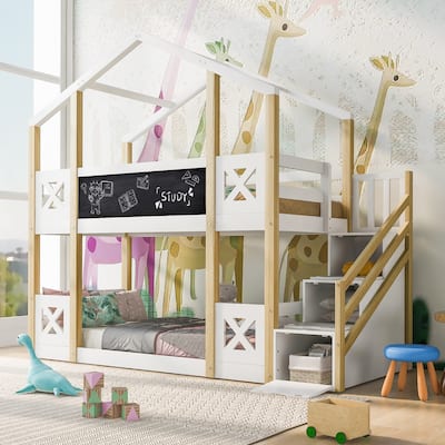 Twin Wood Bunk Bed with Blackboard, Storage Staircase, and Guardrails