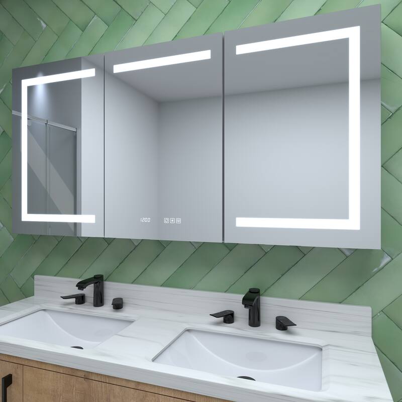 GDFStudio - Delmar Modern Aluminum LED Lighted Medicine Cabinet with Mirror Anti Fog and Digital Clock