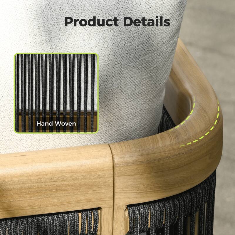 Overture 1-Piece Natural Wood Grain Aluminum Hand-Woven Rope Patio Sofa Chair with Beige Cushions