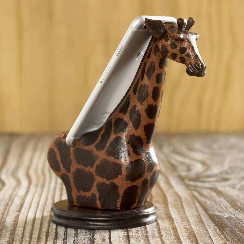 Novica Handmade Elegant Giraffe Wood Cellphone Holder