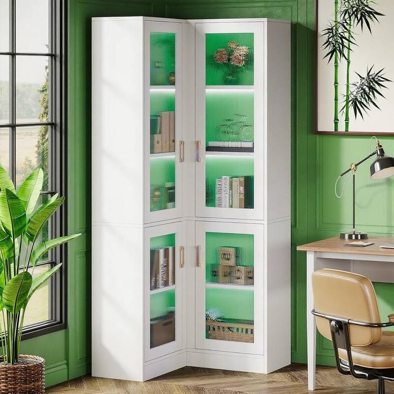 White L-Shaped LED Display Cabinet with 5 Adjustable Shelves Gold Handles for Living Room Bedroom Office - 30.12" x 70.87"