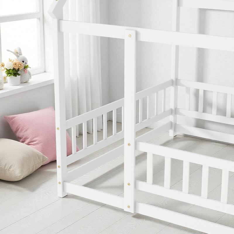 Full Size House Floor Bed with Roof Frame and Guardrails, Solid Wood Montessori Bed for Kids with Fence Design