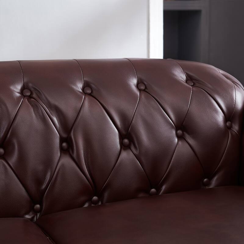 Faux Leather Chesterfield Sofa, Button Tufted 3 Seater Sofa with Storage, Upholstered Sofa with Nailhead Trim & 3 Pillows