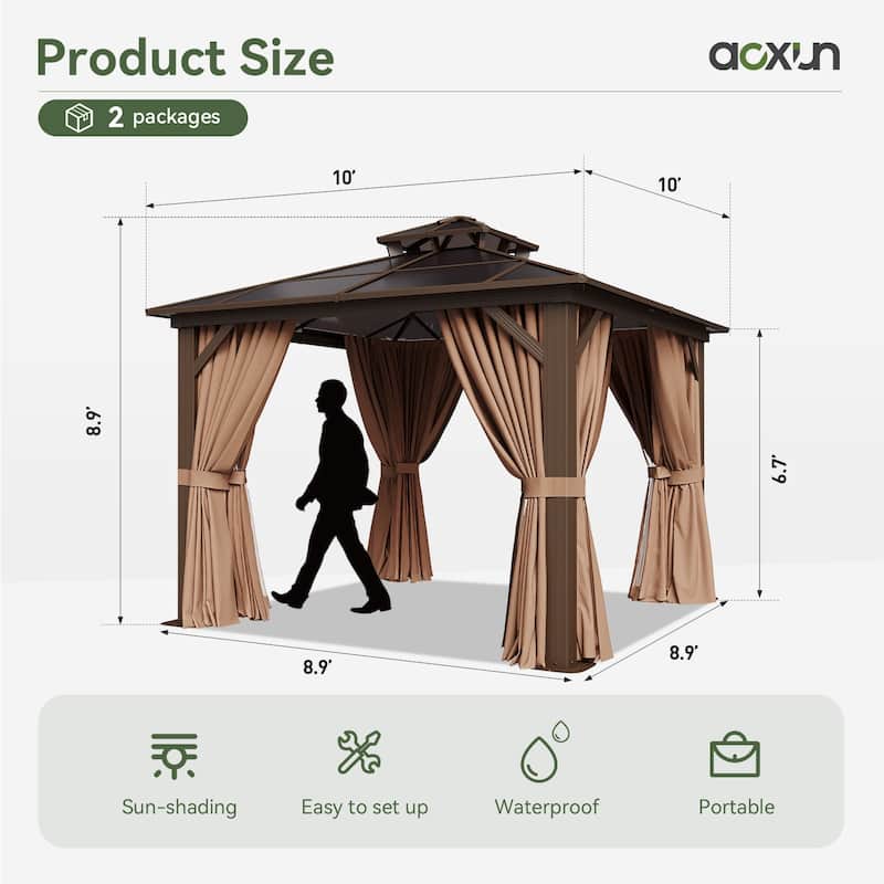 Hardtop Gazebo, Aluminum Frame Permanent Pavilion with Curtains and Netting
