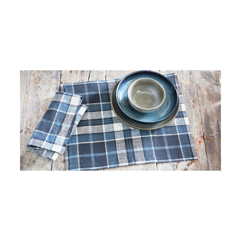 Mirage Plaid Cotton Placemat - Blue Christmas Design, Machine Washable, 13" H x 19.5" L x 14" W