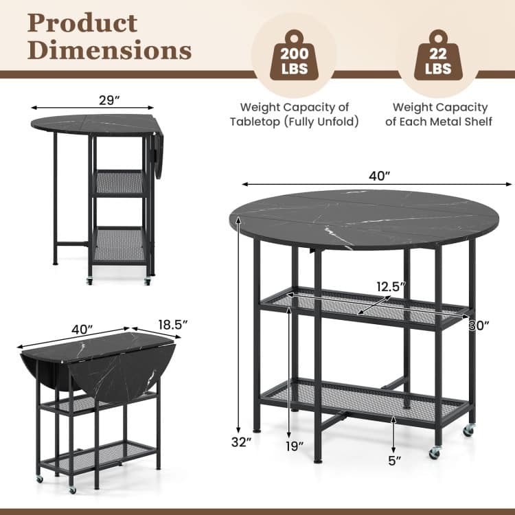 Foldable Round Dining Table with Storage Shelves for Small Spaces - 40" x 32"