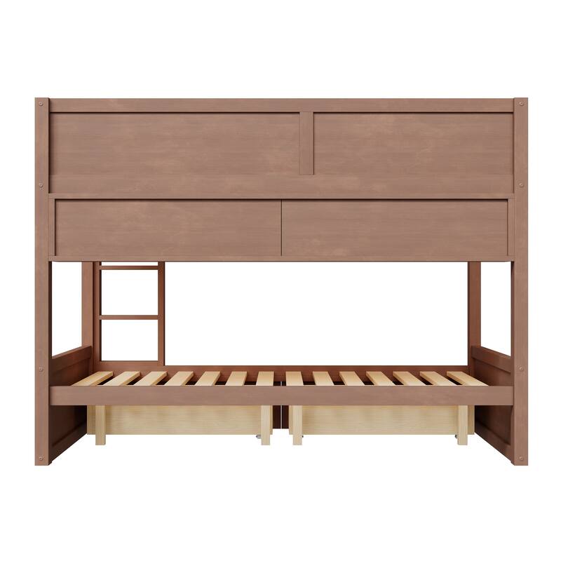 Roomfitters Full XL Over Full XL Bunk Bed with Storage Cabinets, LED Light and Drawers